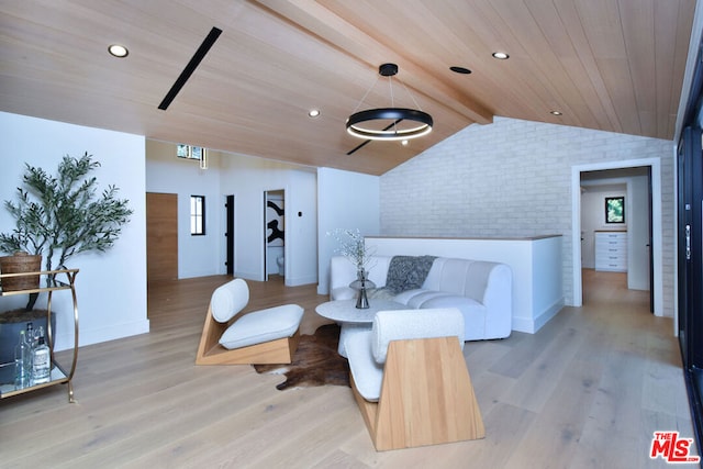 sitting room with vaulted ceiling with beams, brick wall, wood ceiling, and light hardwood / wood-style flooring