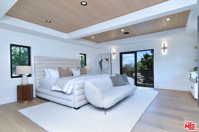 bedroom featuring light wood-type flooring, wooden ceiling, and access to exterior