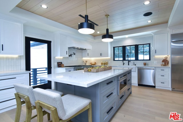 kitchen with custom exhaust hood, built in appliances, white cabinetry, hanging light fixtures, and wooden ceiling