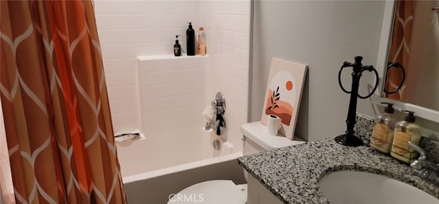 full bathroom with toilet, vanity, and shower / bathtub combination with curtain