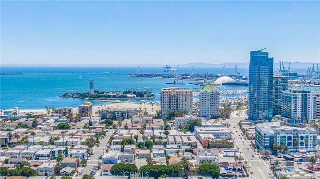 drone / aerial view featuring a city view and a water view