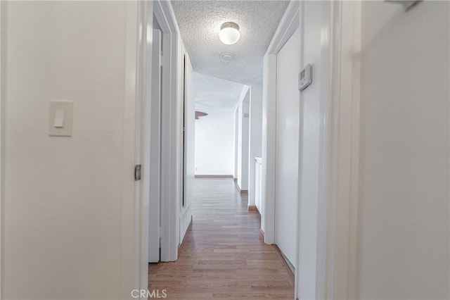 hall featuring light wood-type flooring and a textured ceiling