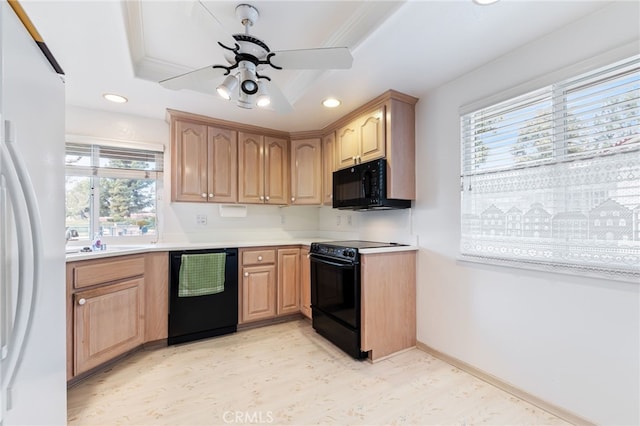 kitchen with ceiling fan, a wealth of natural light, a raised ceiling, and black appliances