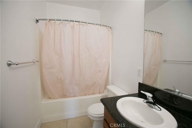 full bathroom with toilet, vanity, tile patterned floors, and shower / bathtub combination with curtain