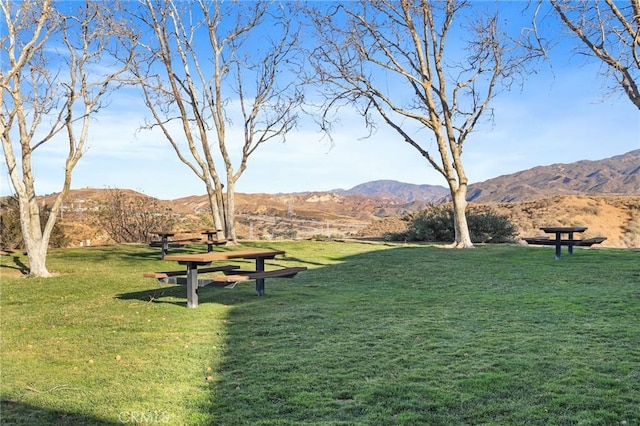 view of home's community featuring a mountain view and a lawn