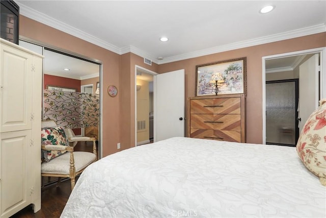 bedroom with a closet, dark wood-type flooring, and crown molding