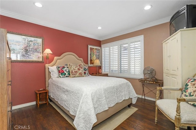 bedroom featuring dark wood-type flooring and crown molding