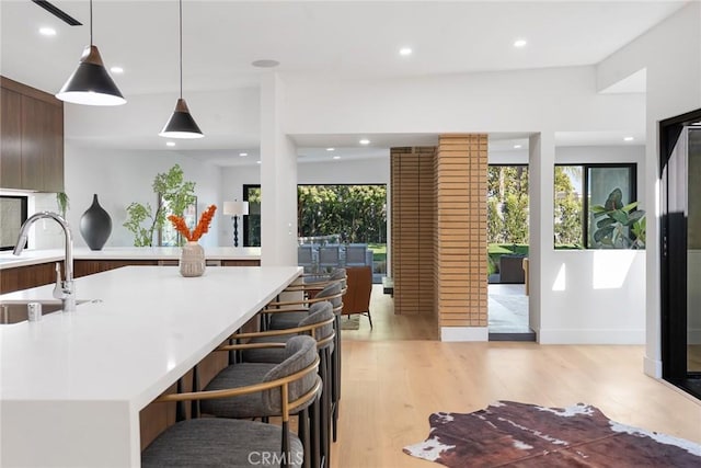 kitchen with a healthy amount of sunlight, light hardwood / wood-style flooring, hanging light fixtures, and sink