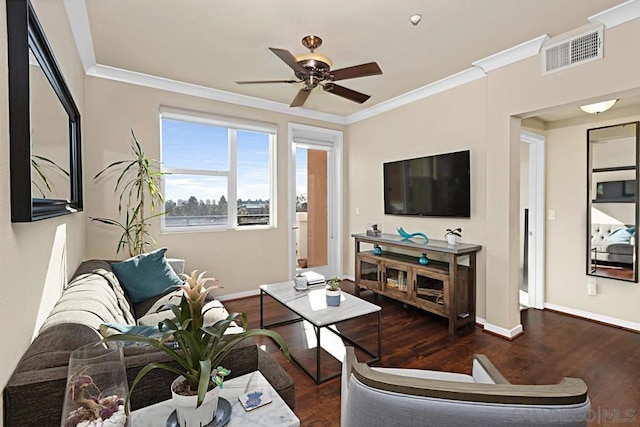 living room with ceiling fan, dark hardwood / wood-style floors, and ornamental molding