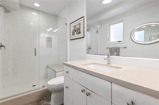 full bathroom featuring a shower stall, vanity, and toilet