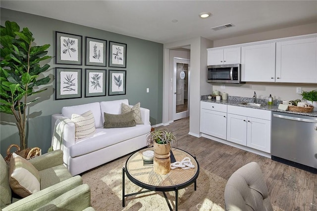 living room featuring dark wood-type flooring and sink