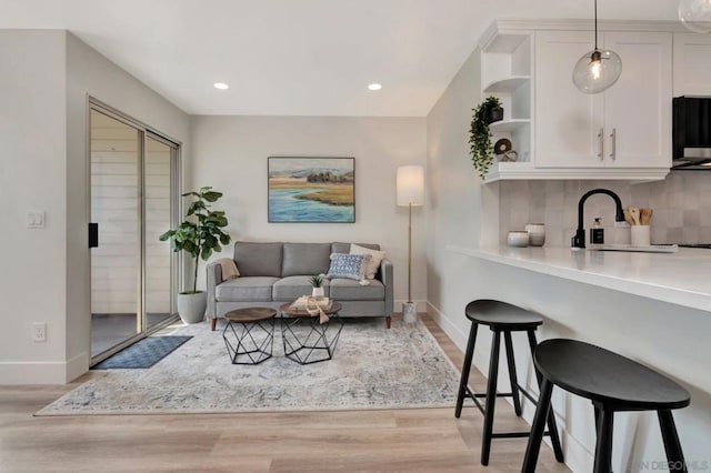 living room featuring light hardwood / wood-style floors and sink