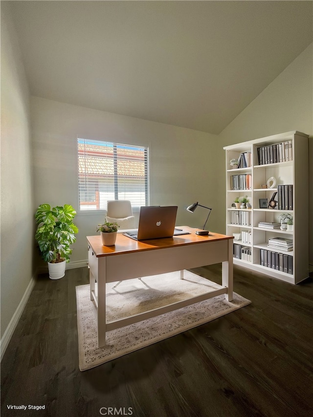 office area featuring dark hardwood / wood-style flooring and lofted ceiling