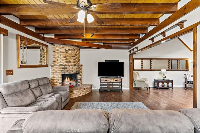 living room with hardwood / wood-style flooring, wooden ceiling, beam ceiling, and a fireplace