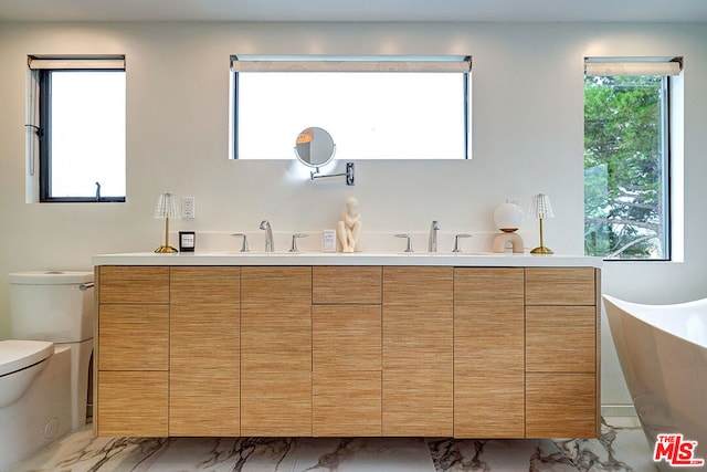 bathroom with vanity, a bath, and toilet