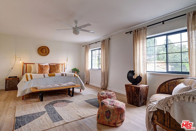 bedroom featuring ceiling fan and light wood-type flooring