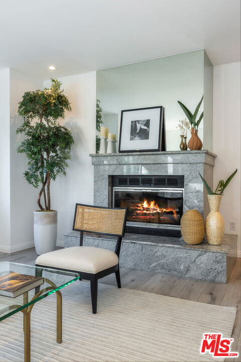 living area with wood-type flooring and a high end fireplace