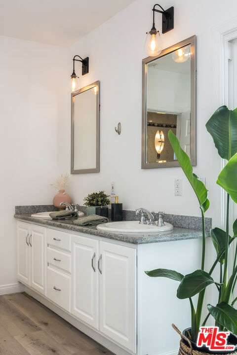 bathroom with hardwood / wood-style floors and vanity