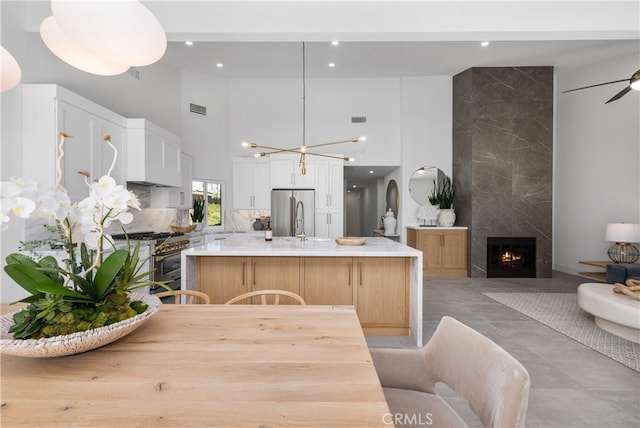 kitchen with white cabinetry, appliances with stainless steel finishes, tasteful backsplash, a fireplace, and a kitchen island