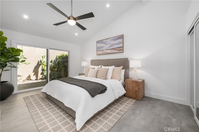 bedroom featuring ceiling fan, access to exterior, a closet, and high vaulted ceiling