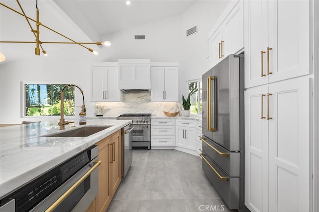 kitchen with white cabinetry, custom exhaust hood, and premium appliances