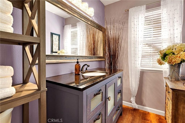 bathroom featuring hardwood / wood-style flooring and vanity