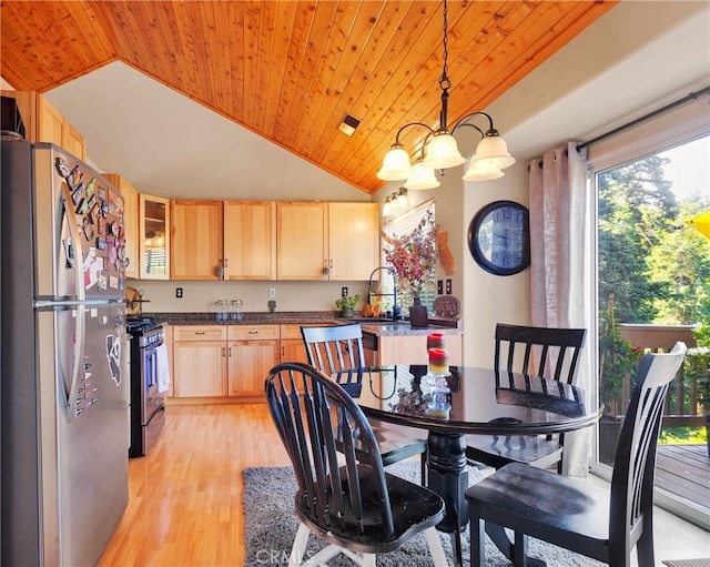 dining room featuring lofted ceiling, wood ceiling, sink, a chandelier, and light wood-type flooring