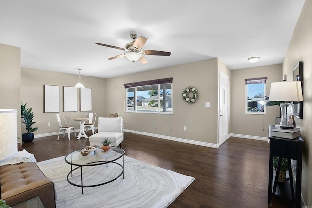 living room with ceiling fan and dark hardwood / wood-style floors