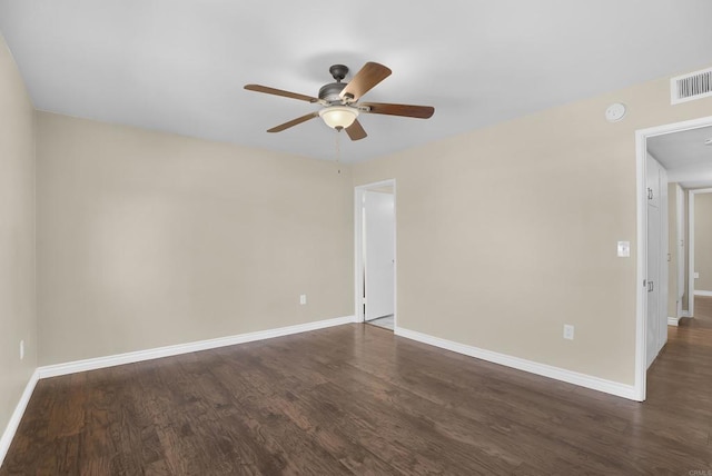 empty room with ceiling fan and dark hardwood / wood-style flooring