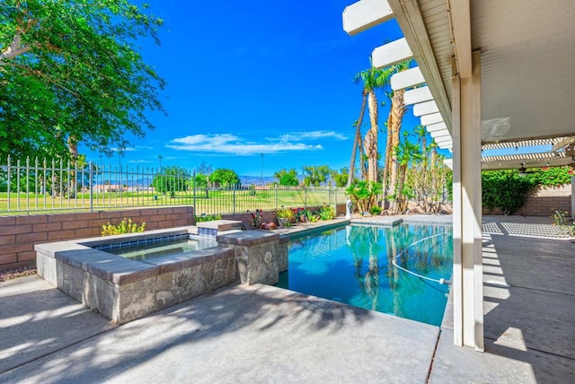 view of pool with a pergola, a patio, and an in ground hot tub