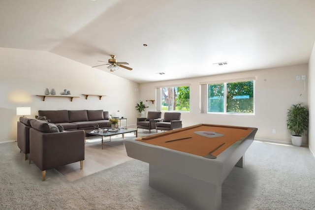 playroom with lofted ceiling, ceiling fan, light carpet, and pool table