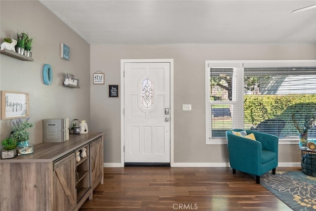 foyer featuring dark wood-type flooring and baseboards