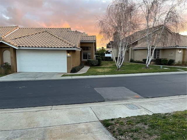 view of front of home with a yard and a garage