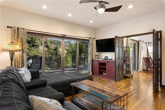 living room with ceiling fan and hardwood / wood-style floors