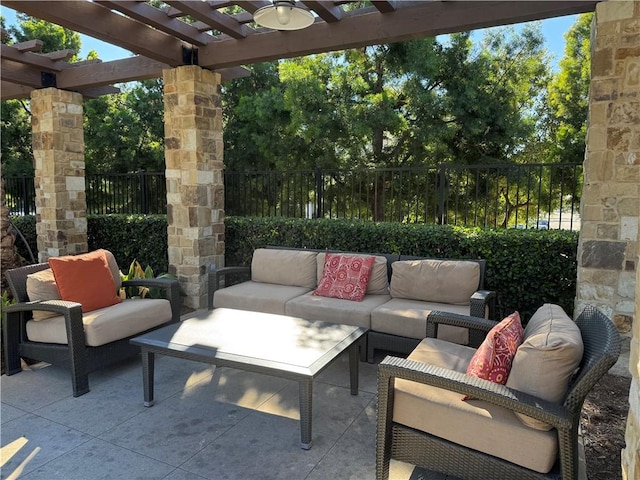 view of patio featuring an outdoor living space and a pergola