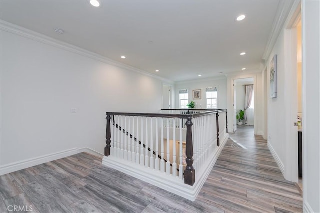 hall with crown molding and hardwood / wood-style floors