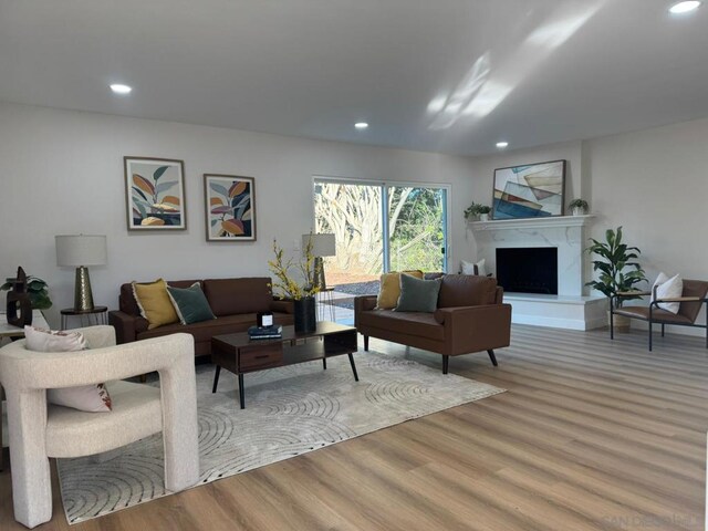 living room featuring hardwood / wood-style flooring and a high end fireplace