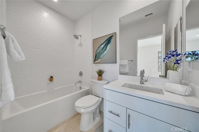 full bath featuring visible vents, toilet, tile patterned floors, vanity, and shower / bathing tub combination