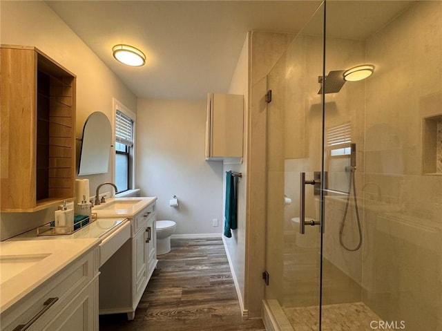 bathroom featuring toilet, vanity, a shower with door, and hardwood / wood-style flooring