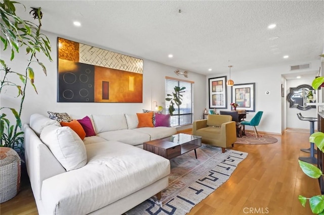 living room featuring hardwood / wood-style floors and a textured ceiling