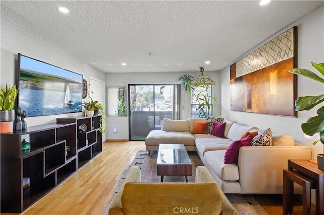 living room with hardwood / wood-style floors and a textured ceiling