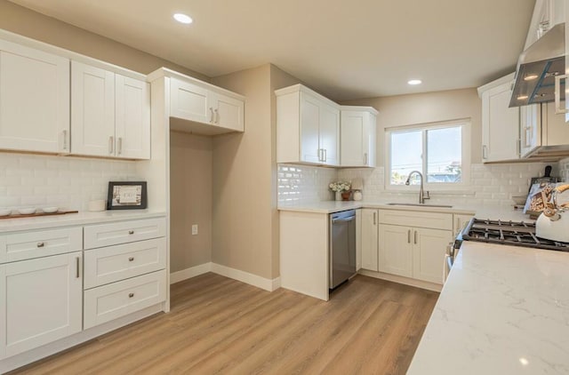 kitchen featuring white cabinetry, stainless steel dishwasher, and exhaust hood