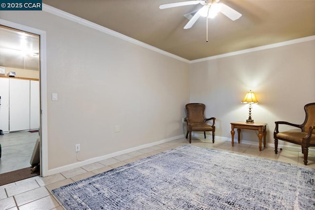 living area featuring ceiling fan, light tile patterned floors, and crown molding