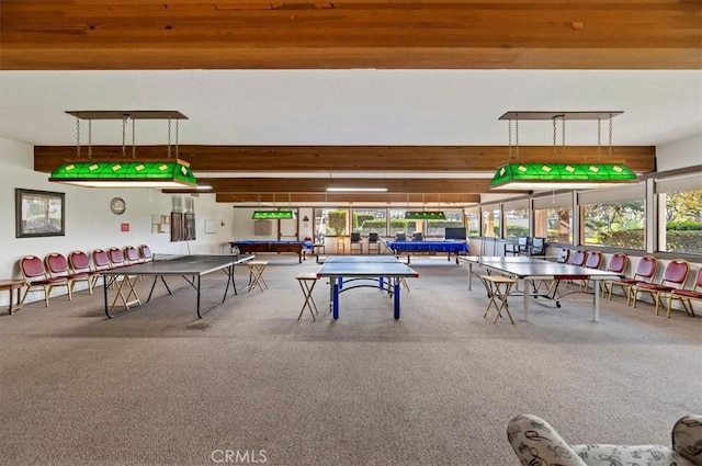 playroom with pool table, beam ceiling, and carpet flooring