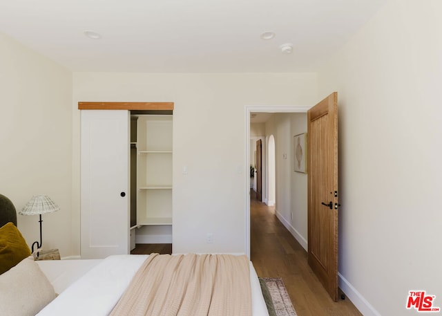 bedroom featuring a walk in closet, a closet, and dark hardwood / wood-style floors