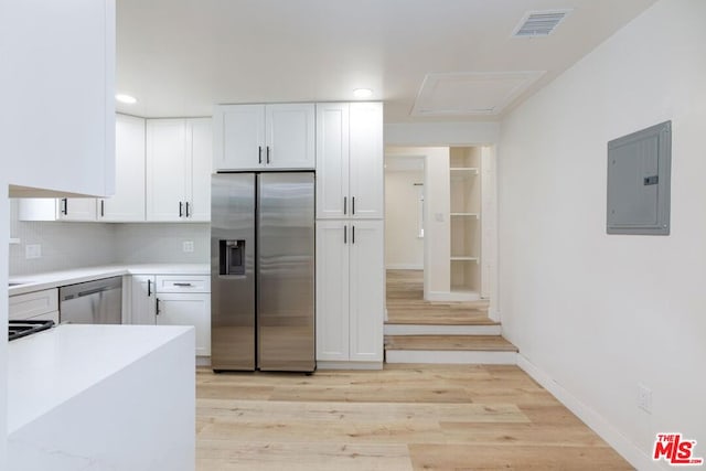 kitchen with appliances with stainless steel finishes, light hardwood / wood-style flooring, white cabinets, and electric panel