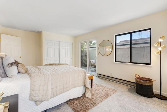 carpeted bedroom with access to outside, baseboard heating, and a closet