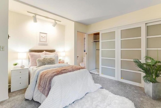 carpeted bedroom featuring rail lighting and ensuite bathroom