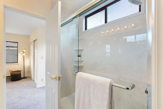 bathroom featuring a shower with door