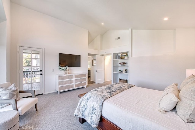 bedroom with access to exterior, carpet flooring, and high vaulted ceiling